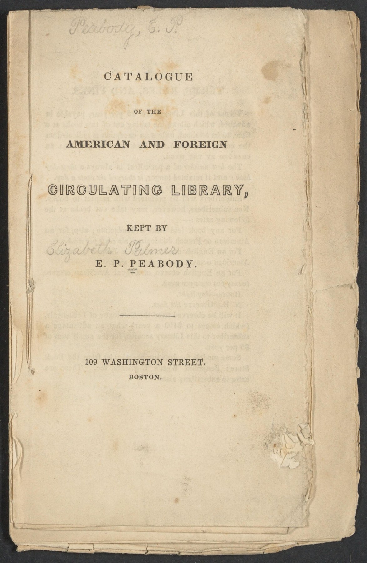 Title page of the printed Catalogue of the American and Foreign Circulating Library kept by E. P. Peabody, Boston